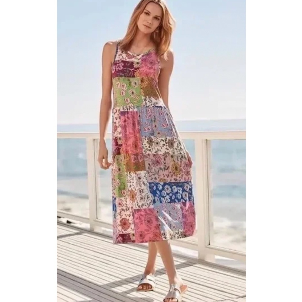 Johnny Was Patchwork Dress Womens Sz Medium Cosmo Easy Fit Tea Length Boho Beach